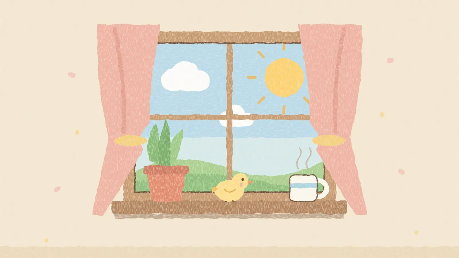 ひらいた窓と、窓辺の植木鉢・小鳥・マグカップのクレヨン風イラスト