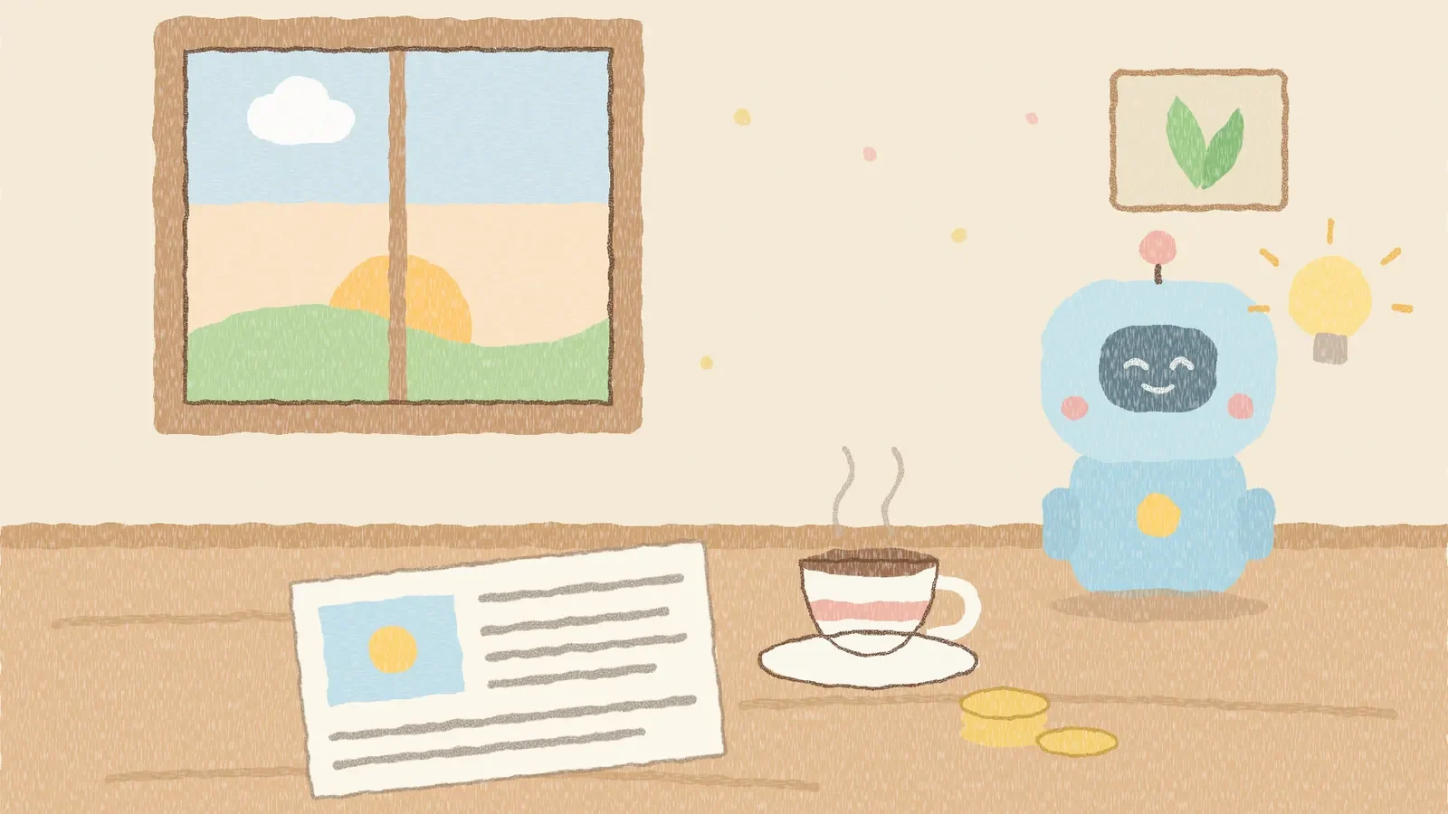 朝のテーブルに新聞とコーヒー、小さなロボットとひらめきの電球を描いたクレヨン風イラスト