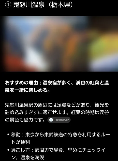 ほかの候補として、栃木県の鬼怒川温泉を紹介する画面