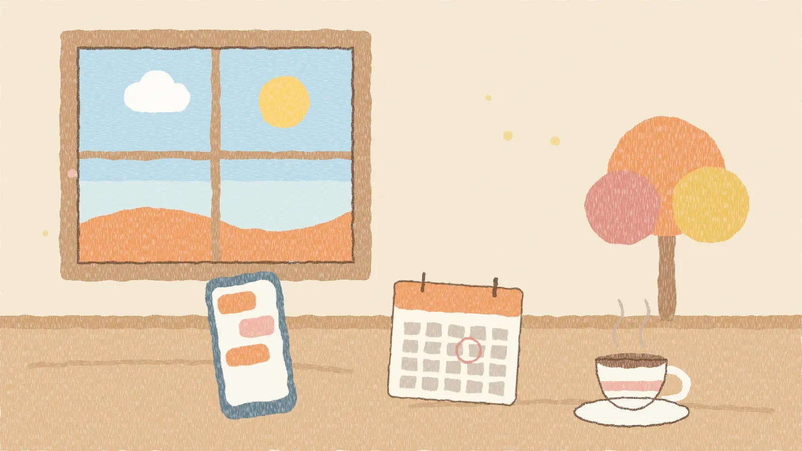 窓の外に紅葉の山が見える机の上に、スマホとカレンダーとカップが置かれたクレヨン風のイラスト